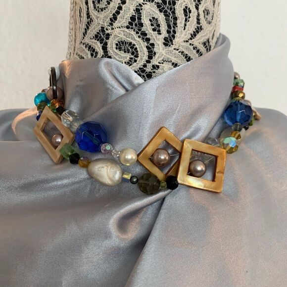 Colorful Long Beaded Statement Necklace Geometric Shapes Boho Retro Style Blue, - Picture 11 of 11